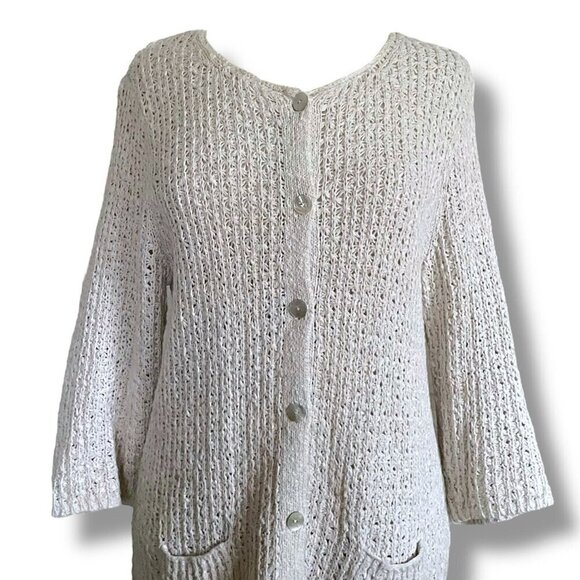 J Jill Women Cardigan Sz Large Oatmeal Cotton Linen Open Knit Coastal Minimalist - Picture 2 of 9